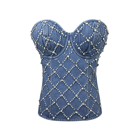 Vintage Zip-Up Denim Vest with Diamond Studs